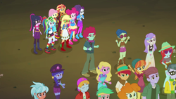 Size: 1920x1080 | Tagged: safe, screencap, character:applejack, character:fluttershy, character:frosty orange, character:microchips, character:pinkie pie, character:rainbow dash, character:rarity, character:sunset shimmer, character:twilight sparkle, character:twilight sparkle (scitwi), species:eqg human, equestria girls:sunset's backstage pass, g4, my little pony:equestria girls, background human, duke suave, fry lilac, golden hazel, humane five, humane seven, humane six, hunter hedge, laurel jade, lemon zack, music festival outfit, orange sunrise, oxford brush, peppermint azure, sandy cerise, shoes, sneakers, snow flower, space camp (character)