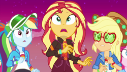 Size: 1920x1080 | Tagged: safe, screencap, character:applejack, character:pinkie pie, character:rainbow dash, character:sunset shimmer, equestria girls:sunset's backstage pass, g4, my little pony:equestria girls, music festival outfit