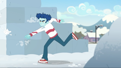 Size: 1280x720 | Tagged: safe, screencap, character:curly winds, equestria girls:holidays unwrapped, g4, my little pony:equestria girls, background human, curly winds, male, shoes, sneakers, snow, snowball, some blue guy