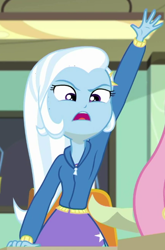 Size: 430x651 | Tagged: safe, screencap, character:fluttershy, character:trixie, episode:a little birdie told me, g4, my little pony:equestria girls, cropped, offscreen character, raised hand, solo focus