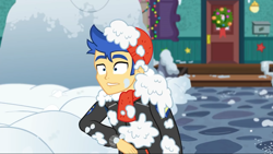 Size: 1280x720 | Tagged: safe, screencap, character:flash sentry, equestria girls:holidays unwrapped, g4, my little pony:equestria girls, clothing, hat, male, scarf, snow
