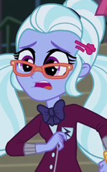 Size: 450x720 | Tagged: safe, screencap, character:sugarcoat, equestria girls:friendship games, g4, my little pony:equestria girls, clothing, cropped, crystal prep academy uniform, cute, female, glasses, open mouth, pigtails, school uniform, solo, sugarcute, twintails, worried