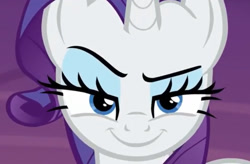 Size: 1726x1135 | Tagged: safe, screencap, character:rarity, species:pony, species:unicorn, episode:made in manehattan, g4, my little pony: friendship is magic, close-up, female, horn, lidded eyes, looking at you, mare, rarismug, smiling, smirk, solo
