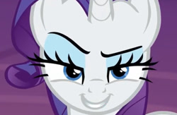 Size: 1301x848 | Tagged: safe, screencap, character:rarity, species:pony, species:unicorn, episode:made in manehattan, g4, my little pony: friendship is magic, close-up, dreamworks face, female, horn, lidded eyes, looking at you, mare, rarismug, smiling, smirk, solo