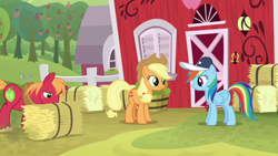 Size: 1920x1080 | Tagged: safe, screencap, character:applejack, character:big mcintosh, character:rainbow dash, species:earth pony, species:pegasus, species:pony, episode:2-4-6 greaaat, apple, applejack's hat, barn, bucket, cap, clothing, cowboy hat, farm, female, folded wings, food, freckles, hat, hay, hay bale, hay stalk, male, sweet apple acres, tree, whistle, whistle necklace, wings