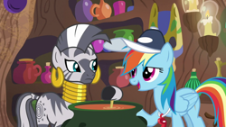 Size: 1920x1080 | Tagged: safe, screencap, character:rainbow dash, character:zecora, species:pegasus, species:pony, species:zebra, episode:2-4-6 greaaat, candle, cap, cauldron, clothing, ear piercing, earring, female, folded wings, hat, hoof hold, jewelry, looking at each other, open mouth, piercing, potion, potions, ring, whistle, whistle necklace, wings, zecora's hut