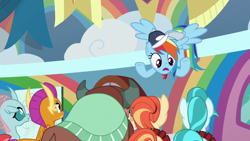 Size: 1920x1080 | Tagged: safe, screencap, character:lighthoof, character:ocellus, character:rainbow dash, character:shimmy shake, character:smolder, character:yona, species:changedling, species:changeling, species:dragon, species:earth pony, species:pony, species:reformed changeling, species:yak, episode:2-4-6 greaaat, cap, cheerleader, cheerleader outfit, clothing, coach, dragoness, female, flying, folded wings, hat, horns, looking up, monkey swings, open mouth, spread wings, underhoof, whistle, whistle necklace, wings