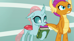 Size: 1920x1080 | Tagged: safe, screencap, character:ocellus, character:smolder, species:changedling, species:changeling, species:dragon, species:reformed changeling, episode:2-4-6 greaaat, angry, book, claws, curved horn, cute, cute when angry, diaocelles, displeased, dragoness, duo, fangs, female, folded wings, frown, glare, gym, hoof hold, horn, horns, looking down, looking up, raised hoof, smolder is not amused, smolderbetes, teenaged dragon, teenager