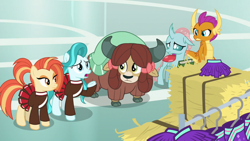 Size: 1920x1080 | Tagged: safe, screencap, character:lighthoof, character:ocellus, character:shimmy shake, character:smolder, character:yona, species:changedling, species:changeling, species:dragon, species:earth pony, species:pony, species:reformed changeling, species:yak, episode:2-4-6 greaaat, bow, cheerleader outfit, clothing, cloven hooves, dragoness, female, hair bow, hay bale, monkey swings