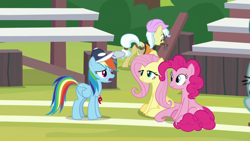 Size: 1920x1080 | Tagged: safe, screencap, character:ambrosia, character:fluttershy, character:pinkie pie, character:rainbow dash, episode:2-4-6 greaaat, buckball field, clothing, hammer, hat, whistle