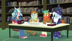 Size: 1280x720 | Tagged: safe, screencap, character:big mcintosh, character:snails, character:snips, character:trixie, episode:queen of clubs, g4, my little pony:equestria girls, bookshelf, clothing, costume, fake beard, helmet, rpg, wizard