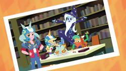Size: 1280x720 | Tagged: safe, screencap, character:applejack, character:big mcintosh, character:snails, character:snips, character:trixie, episode:queen of clubs, g4, my little pony:equestria girls, bookshelf, clothing, costume, fake beard, rpg, wizard