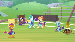 Size: 1920x1080 | Tagged: safe, screencap, character:lighthoof, character:ocellus, character:shimmy shake, character:smolder, character:yona, species:changedling, episode:2-4-6 greaaat, book, buckball field, cheerleader, cheerleader ocellus, cheerleader outfit, cheerleader smolder, cheerleader yona, clothing, gramophone, hay bale