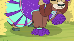 Size: 1920x1080 | Tagged: safe, screencap, character:yona, species:yak, episode:2-4-6 greaaat, cheerleader outfit, cheerleader yona, clothing, cloven hooves, eyes closed, female, hay bale, monkey swings, pom pom, solo