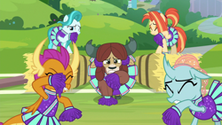 Size: 1920x1080 | Tagged: safe, screencap, character:lighthoof, character:ocellus, character:shimmy shake, character:smolder, character:yona, species:changedling, episode:2-4-6 greaaat, buckball field, cheerleader, cheerleader ocellus, cheerleader outfit, cheerleader smolder, cheerleader yona, clothing, hay bale