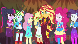Size: 1920x1080 | Tagged: safe, screencap, character:applejack, character:fluttershy, character:pinkie pie, character:rainbow dash, character:rarity, character:sunset shimmer, character:twilight sparkle, character:twilight sparkle (scitwi), species:eqg human, equestria girls:sunset's backstage pass, g4, my little pony:equestria girls, geode of empathy, geode of shielding, geode of sugar bombs, humane five, humane seven, humane six, magical geodes, music festival outfit