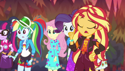 Size: 1920x1080 | Tagged: safe, screencap, character:applejack, character:fluttershy, character:rainbow dash, character:rarity, character:sunset shimmer, character:twilight sparkle, character:twilight sparkle (scitwi), species:eqg human, equestria girls:sunset's backstage pass, g4, my little pony:equestria girls, music festival outfit