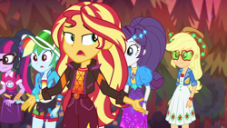 Size: 1920x1080 | Tagged: safe, screencap, character:applejack, character:rainbow dash, character:rarity, character:sunset shimmer, character:twilight sparkle, character:twilight sparkle (scitwi), species:eqg human, equestria girls:sunset's backstage pass, g4, my little pony:equestria girls, music festival outfit