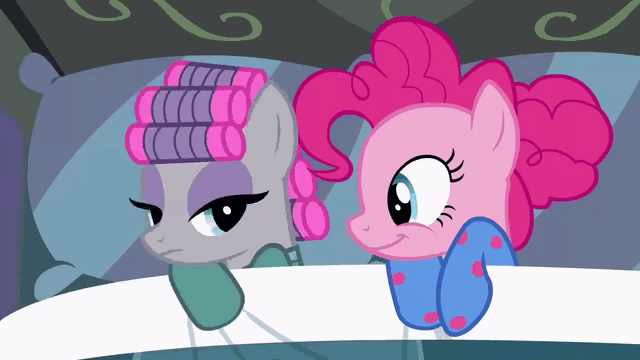 Size: 640x360 | Tagged: safe, screencap, character:maud pie, character:pinkie pie, species:earth pony, species:pony, episode:rock solid friendship, g4, my little pony: friendship is magic, animated, bedsheets, clapping, clothing, cute, dawwww, diapinkes, duo, female, footed sleeper, forehead kiss, gif, hair curlers, kissing, mare, pajamas, pie sisters, pillow, platonic kiss, sad, siblings, sisterly love, sisters, sleeping, the clapper