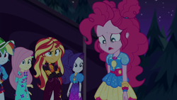 Size: 1920x1080 | Tagged: safe, screencap, character:applejack, character:fluttershy, character:pinkie pie, character:rainbow dash, character:rarity, character:sunset shimmer, equestria girls:sunset's backstage pass, g4, my little pony:equestria girls, geode of fauna, geode of shielding, geode of sugar bombs, magical geodes, music festival outfit