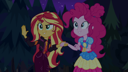 Size: 1920x1080 | Tagged: safe, screencap, character:pinkie pie, character:sunset shimmer, equestria girls:sunset's backstage pass, g4, my little pony:equestria girls, geode of empathy, geode of sugar bombs, magical geodes, music festival outfit