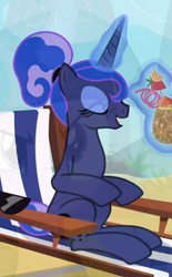 Size: 476x769 | Tagged: safe, screencap, character:princess luna, character:twilight sparkle, episode:between dark and dawn, g4, my little pony: friendship is magic, chair, coconut drink, cropped, eyes closed, fadeout, glowing horn, horn, levitation, magic, open mouth, sitting, solo, telekinesis