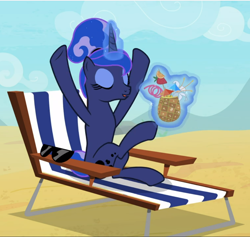 Size: 992x941 | Tagged: safe, screencap, character:princess luna, species:alicorn, species:pony, episode:between dark and dawn, g4, my little pony: friendship is magic, alternate hairstyle, beach, chair, coconut drink, cropped, eyes closed, eyeshadow, female, glowing horn, hair bun, hooves in air, horn, levitation, magic, makeup, mare, pleased, relaxing, smiling, solo, stretching, sunglasses, telekinesis, vacation, we don't normally wear clothes