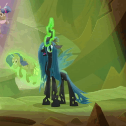 Size: 640x640 | Tagged: safe, screencap, character:cozy glow, character:queen chrysalis, species:changeling, species:pegasus, species:pony, episode:frenemies, g4, my little pony: friendship is magic, animated, better way to be bad, bowing, changeling queen, cropped, cute, cutealis, female, good trick, implied rarity, implied twilight sparkle, no sound, singing, spinning, webm