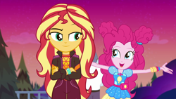 Size: 1920x1080 | Tagged: safe, screencap, character:pinkie pie, character:sunset shimmer, equestria girls:sunset's backstage pass, g4, my little pony:equestria girls, max steele, music festival outfit