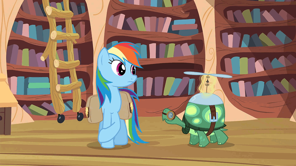 Size: 960x540 | Tagged: safe, screencap, character:rainbow dash, character:tank, episode:just for sidekicks, g4, my little pony: friendship is magic, animated, cute, dashabetes, dawwww, embarrassed, event horizon of cuteness, eyes closed, frown, golden oaks library, grin, happy, nuzzling, saddle bag, shifty eyes, smiling, tsunderainbow, tsundere