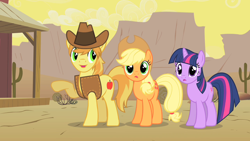 Size: 1280x720 | Tagged: safe, screencap, character:applejack, character:braeburn, character:twilight sparkle, species:earth pony, species:pony, species:unicorn, episode:over a barrel, g4, my little pony: friendship is magic, trio