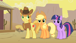 Size: 1280x720 | Tagged: safe, screencap, character:applejack, character:braeburn, character:twilight sparkle, species:earth pony, species:pony, species:unicorn, episode:over a barrel, g4, my little pony: friendship is magic, trio
