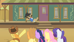Size: 1280x720 | Tagged: safe, screencap, character:applejack, character:braeburn, character:fluttershy, character:rarity, character:sheriff silverstar, character:twilight sparkle, episode:over a barrel, g4, my little pony: friendship is magic