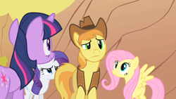 Size: 1280x720 | Tagged: safe, screencap, character:braeburn, character:fluttershy, character:rarity, character:twilight sparkle, species:pegasus, species:pony, species:unicorn, episode:over a barrel, g4, my little pony: friendship is magic, clothing, female, hat, male, mare, spread wings, stallion, wings