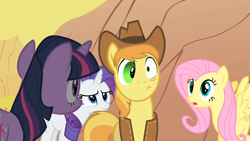 Size: 1280x720 | Tagged: safe, screencap, character:braeburn, character:fluttershy, character:rarity, character:twilight sparkle, episode:over a barrel, g4, my little pony: friendship is magic