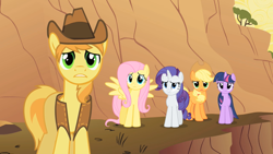 Size: 1280x720 | Tagged: safe, screencap, character:applejack, character:braeburn, character:fluttershy, character:rarity, character:twilight sparkle, episode:over a barrel, g4, my little pony: friendship is magic