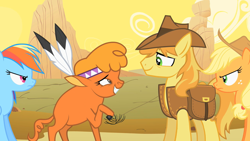 Size: 1280x720 | Tagged: safe, screencap, character:applejack, character:braeburn, character:little strongheart, character:rainbow dash, episode:over a barrel, g4, my little pony: friendship is magic, female, male