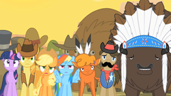 Size: 1280x720 | Tagged: safe, screencap, character:applejack, character:braeburn, character:little strongheart, character:rainbow dash, character:sheriff silverstar, character:twilight sparkle, species:buffalo, episode:over a barrel, g4, my little pony: friendship is magic