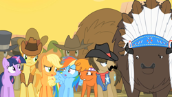Size: 1280x720 | Tagged: safe, screencap, character:applejack, character:braeburn, character:little strongheart, character:rainbow dash, character:sheriff silverstar, character:twilight sparkle, species:buffalo, episode:over a barrel, g4, my little pony: friendship is magic