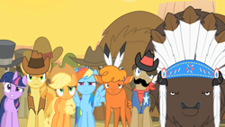 Size: 1280x720 | Tagged: safe, screencap, character:applejack, character:braeburn, character:chief thunderhooves, character:little strongheart, character:rainbow dash, character:sheriff silverstar, character:twilight sparkle, species:buffalo, episode:over a barrel, g4, my little pony: friendship is magic
