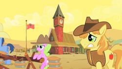 Size: 1280x720 | Tagged: safe, screencap, character:blues, character:braeburn, character:daisy, character:noteworthy, episode:over a barrel, g4, my little pony: friendship is magic, flag, flag pole, food, pie
