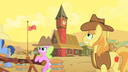 Size: 1280x720 | Tagged: safe, screencap, character:blues, character:braeburn, character:daisy, character:noteworthy, episode:over a barrel, g4, my little pony: friendship is magic, flag, flag pole, food, pie