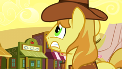 Size: 1280x720 | Tagged: safe, screencap, character:braeburn, episode:over a barrel, g4, my little pony: friendship is magic, appleloosa, faec, solo