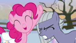 Size: 1280x720 | Tagged: safe, screencap, character:limestone pie, character:pinkie pie, species:earth pony, species:pony, episode:hearthbreakers, g4, my little pony: friendship is magic, angry, animated, bag, boulder, duo, female, fence, frown, head pat, holder's boulder, mare, pat, pie sisters, pinkie pie is not amused, rock farm, saddle bag, siblings, sigh, sisters, snow, sound, talking, tree, unamused, webm, winter