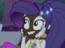Size: 514x386 | Tagged: safe, screencap, character:rarity, episode:inclement leather, g4, my little pony:equestria girls, cropped, inclement leather: applejack, mud mask, rain, solo