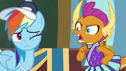 Size: 1920x1080 | Tagged: safe, screencap, character:rainbow dash, character:smolder, species:dragon, species:pegasus, species:pony, episode:2-4-6 greaaat, angry, betrayed, cap, chalkboard, cheerleader, cheerleader outfit, cheerleader smolder, clothing, coach rainbow dash, coaching cap, coaching whistle, cringing, dragoness, duo, fangs, female, folded wings, gym, hand on hip, horns, mare, multicolored hair, one eye closed, open mouth, pointing at self, rant, skirt, smolder is not amused, teacher and student, teenaged dragon, teenager, whistle, whistle necklace, yelling