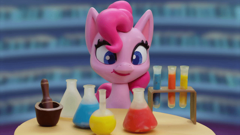 Size: 800x450 | Tagged: safe, screencap, character:pinkie pie, species:earth pony, species:pony, g4.5, my little pony: stop motion short, my little pony:pony life, animated, female, gif, grin, hoof rubbing, mare, potion, potion party, smiling, solo, sparkles, stop motion, sunburst background, table, twilight's castle