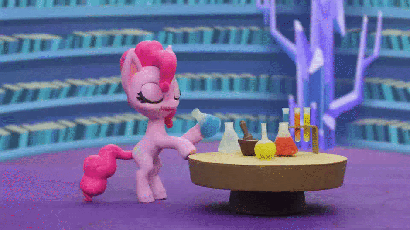 Size: 800x450 | Tagged: safe, screencap, character:pinkie pie, species:earth pony, species:pony, g4.5, my little pony: stop motion short, my little pony:pony life, animated, book, bookshelf, drinking, eyes closed, flash, gif, happy, magic, potion, potion party, solo, spots, stop motion, table, twilight's castle