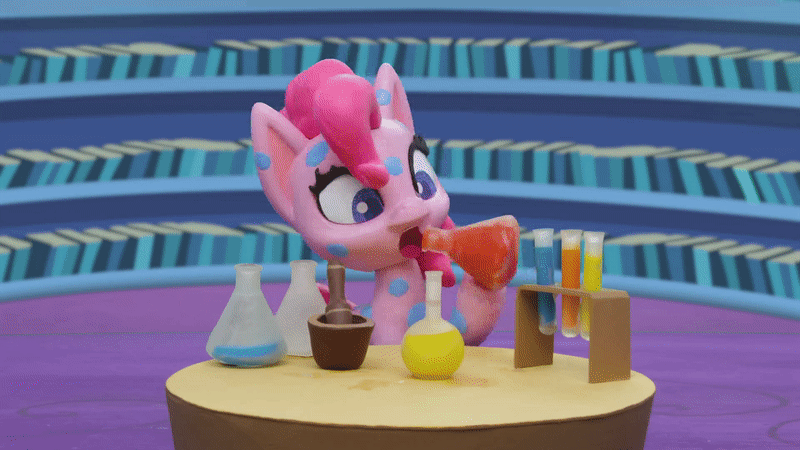 Size: 800x450 | Tagged: safe, screencap, character:pinkie pie, species:earth pony, species:pony, g4.5, my little pony: stop motion short, my little pony:pony life, animated, book, bookshelf, drinking, flash, floating, gif, happy, hiccup, levitation, magic, potion, potion party, solo, stop motion, surprised, table, twilight's castle