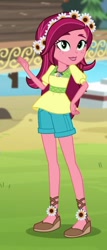 Size: 402x943 | Tagged: safe, screencap, character:gloriosa daisy, equestria girls:legend of everfree, g4, my little pony:equestria girls, beautiful, clothing, cropped, denim shorts, female, flower, flower in hair, freckles, geode of fauna, geode of shielding, geode of sugar bombs, geode of super speed, geode of super strength, grass, legs, magical geodes, sexy, shoes, shorts, smiling, solo, tomboy, water